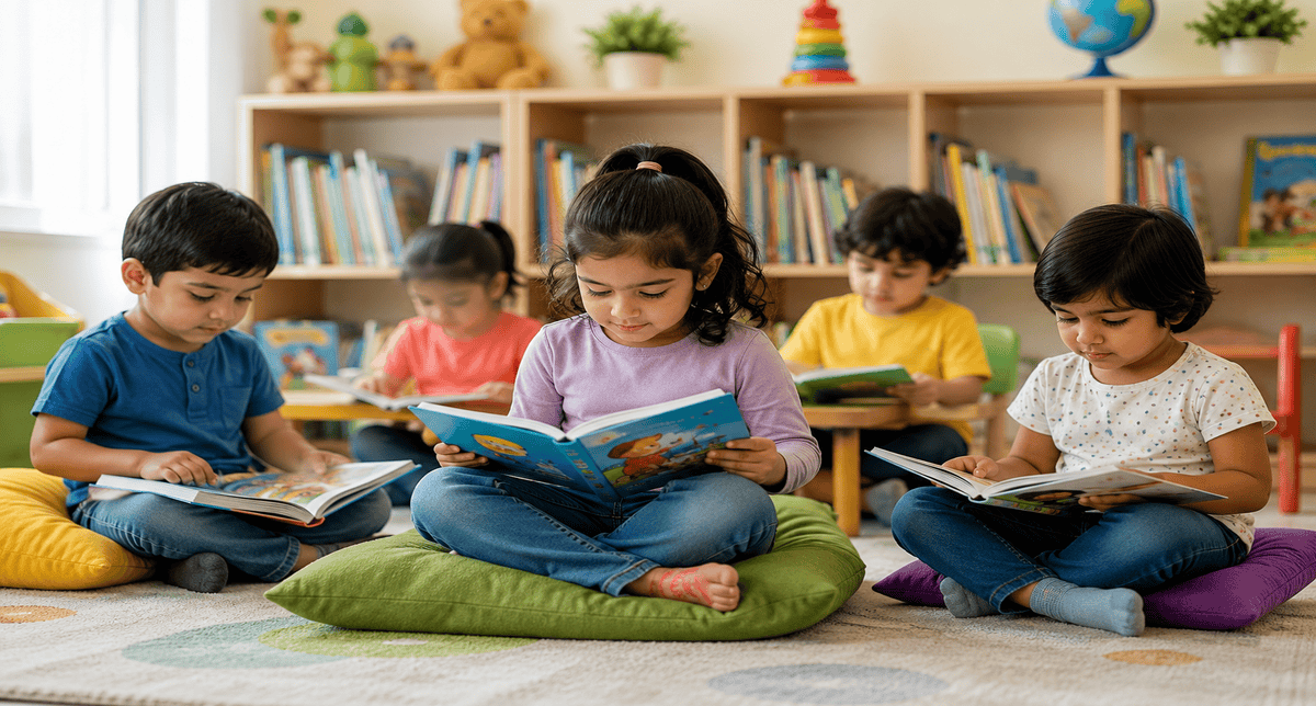 Preschool children developing early reading habits through books and storytelling.